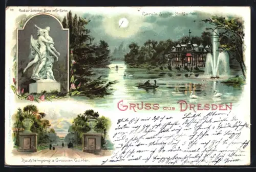 Lithographie Dresden, Karolasee im Grossen Garten, Haupteingang, Statue, Mond