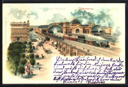Lithographie Dresden, Hauptbahnhof, Züge, Strassenbahn
