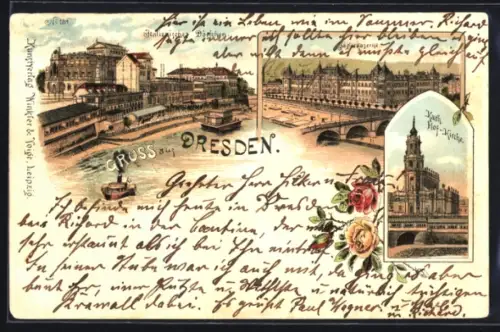 Lithographie Dresden, Jägerkaserne am Johannstädter Ufer, Katholische Hof-Kirche, Italienisches Dörfchen