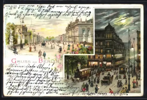 Lithographie Berlin, Ruhmeshalle an der Schlossbrücke, Unter den Linden Ecke Friedrichstrasse