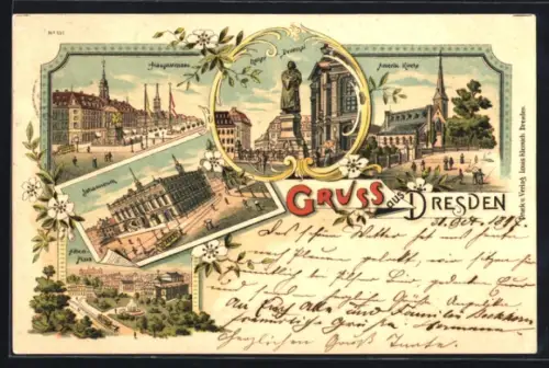 Lithographie Dresden-Neustadt, Johanneum, Amerk. Kirche und Albertplatz