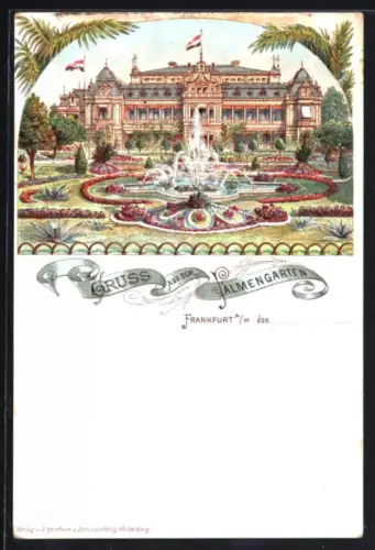 Lithographie Frankfurt-Westend, Die Fontäne im Palmengarten