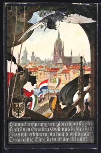 Künstler-AK sign. Prof. Max Honegger: Alt-Frankfurt, Uferpartie mit Dom, Adler mit Wappen