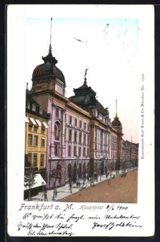 Goldfenster-AK Frankfurt a. M., Hauptpost mit leuchtenden Fenstern