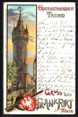Lithographie Frankfurt /Main, Eschenheimer Turm, Wappen