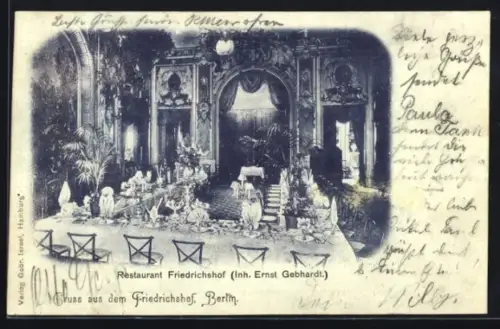 AK Berlin, Restaurant Friedrichshof E. Gebhardt, Innenansicht, Friedrichstrasse Ecke Kochstrasse