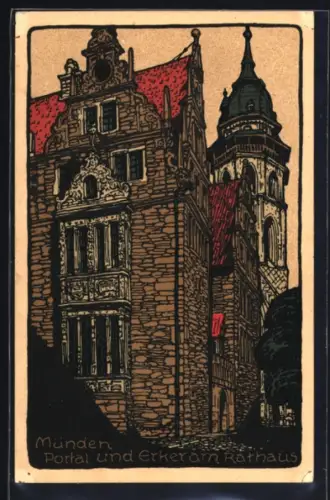 Steindruck-AK Hann Münden, Portal und Erker am Rathaus