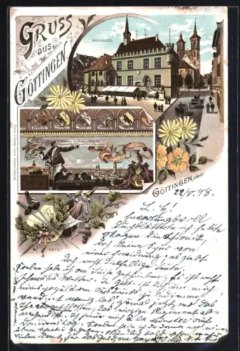 Lithographie Göttingen, Rathhaus, Wappen Burschenschaftler, Degen, Blumen