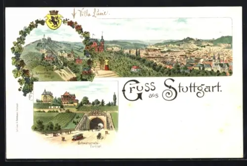 Lithographie Stuttgart, Hasenberg-Steige, Schwabstrass-Tunnel, Totalansicht