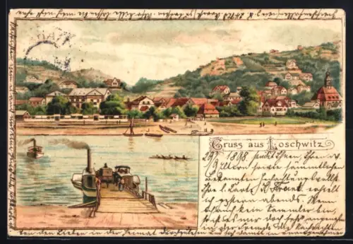 Lithographie Dresden-Loschwitz, Ortsansicht vom Fluss aus gesehen, Dampfer-Anlegestelle