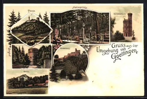 Lithographie Göttingen, Burghof, Plesse, Mariaspring, Bismarckthurm