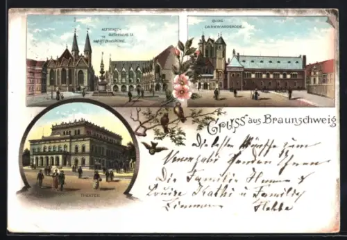 Vorläufer-Lithographie Braunschweig, 1895, Altstadt mit Rathaus und Martinikirche, Theater, Burg Dankwarderode