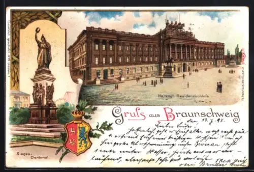 Lithographie Braunschweig, Siegesdenkmal, Herzogl. Residenzschloss, Wappen
