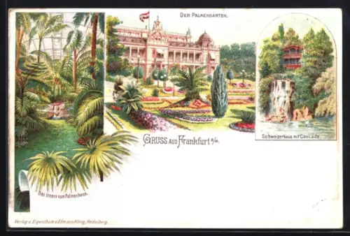 Lithographie Frankfurt-Sachsenhausen, Schweizerhaus mit Cascade, Palmengarten, Inneres vom Palmenhaus