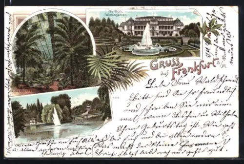 Lithographie Frankfurt-Westend, Pavillon im Palmengarten, Weiher, Inneres vom Palmengarten