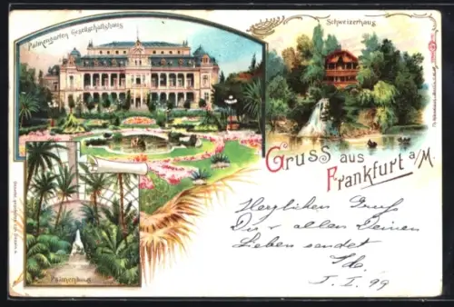 Lithographie Frankfurt-Westend, Palmengarten Gesellschaftshaus und Schweizerhaus