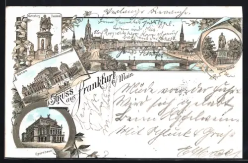 Lithographie Frankfurt a. Main, Börse, Opernhaus, Göthe-Denkmal
