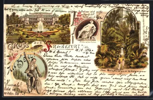 Lithographie Frankfurt-Westend, Palmengarten, Inneres Palmenhaus, Ariadne auf dem Panther