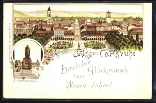 Lithographie Karlsruhe, Panorama und Friedrichsdenkmal, Neujahrsgruss