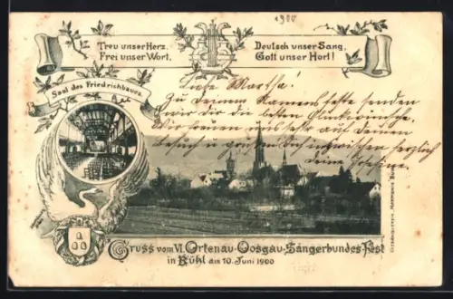 AK Bühl, Saal des Friedrichsbaues, Ortsansicht, Ortenau-Oosgau-Sängerbundesfest 1900