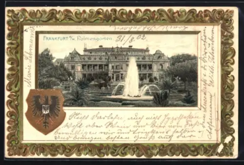 Passepartout-Lithographie Frankfurt-Westend, Palmengarten, Hauptgebäude, Springbrunnen, Wappen