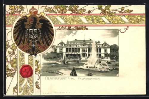 Passepartout-Lithographie Frankfurt-Westend, Palmengarten, Brunnen, Eichenblätter, Wappen
