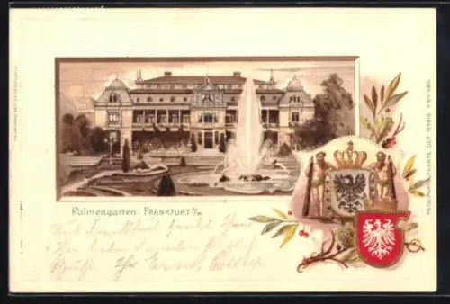 Passepartout-Lithographie Frankfurt-Westend, Palmengarten, Brunnen, Lorbeerzweige, Wappen