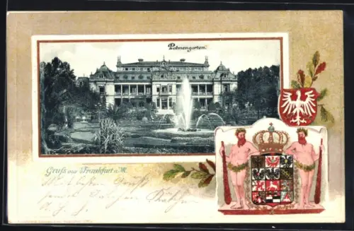 Passepartout-Lithographie Frankfurt-Westend, Palmengarten, Springbrunnen, Wappen mit Riesen