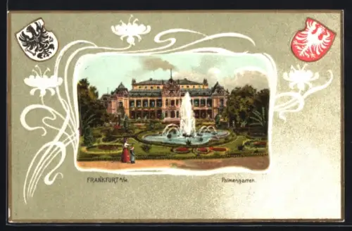 Passepartout-Lithographie Frankfurt-Westend, Palmengarten, Seerosen-Ornamente, Wappen