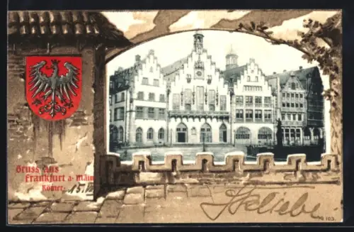 Passepartout-Lithographie Alt-Frankfurt, Römer, Stadtwappen, Fenster mit Zinnen