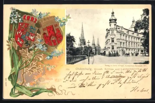 Passepartout-Lithographie Oldenburg, Schloss und Lambertikirche, Wappen, Blumen