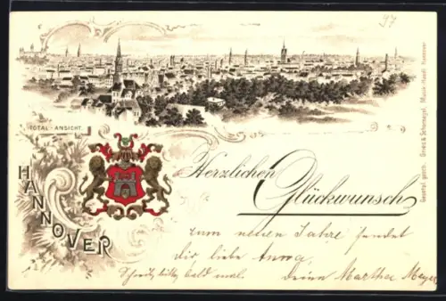Passepartout-Lithographie Hannover, Stadtpanorama von oben, Wappen