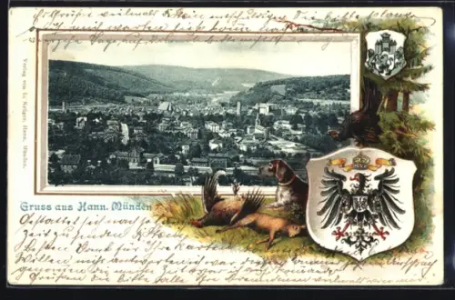 Passepartout-Lithographie Hann. Münden, Ortsansicht mit Wappen und Jagdmotiv