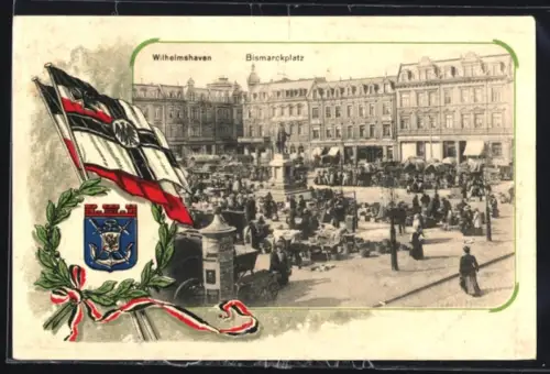 Passepartout-Lithographie Wilhelmshaven, Bismarckplatz, Flaggen, Stadtwappen, Markttreiben