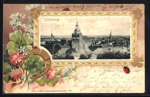 Passepartout-Lithographie Lüneburg, Ortsansicht mit Türmen, Hufeisen, Marienkäfer, Kleeblätter