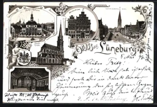Lithographie Lüneburg, Markt-Rathaus, Nicolaikirche, Sand mit Johanniskirche