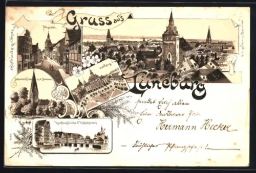 Lithographie Lüneburg, Rathaus, Kaufhausbrücke mit Viskulenhof, Teilansicht