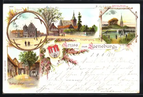 Lithographie Lüneburg, Sand, Klostergang, Stamersbrücke, Roter Hahn, Wappen