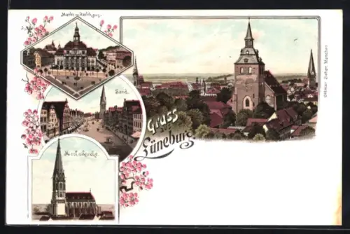 Lithographie Lüneburg, Markt m. Rathaus, Sand, Nicolaikirche