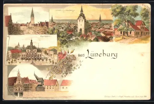 Lithographie Lüneburg, Marktplatz, Rathaus, Stadt vom Kalkberge