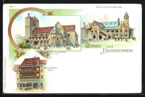 Lithographie Braunschweig, Dom, Burg Dankwarderode, Haus Sack Nr. 5