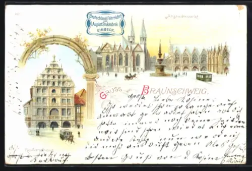 Lithographie Braunschweig, Altstadtmarkt, Gewandhaus, Strassenbahn, Reklame Deutschland-Fahrräder