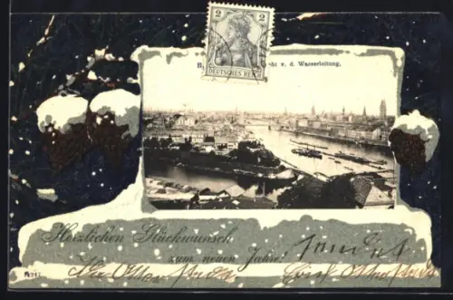 AK Bremen, Blick auf Weser und Stadt v. d. Wasserleitung, Tannenzapfen mit Schnee, Neujahrsgruss