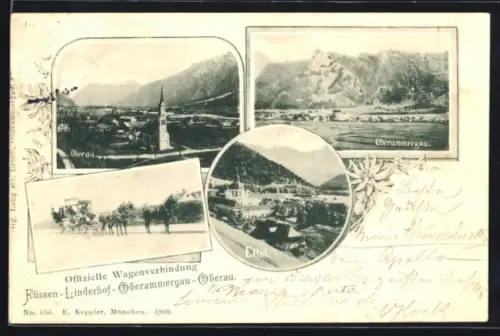 Lithographie Oberau, Oberau, Ettal, Garmisch-Partenkirchen, Wagenverbindung Füssen-Oberau per Pferdekutsche