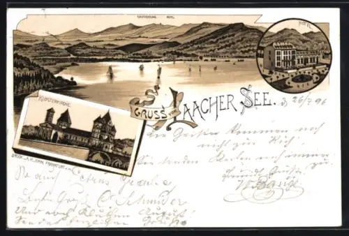 Lithographie Laacher See, Klosterkirche, Hotel, Seepanorama