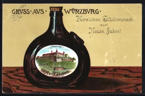 Lithographie Würzburg, Festung, Bocksbeutelflasche, Neujahrsgruss