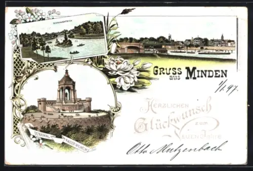 Lithographie Minden, Denkmal Kaiser Wilhelm, Schwanenteich, Ortsansicht, Neujahrsgruss