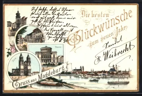 Vorläufer-Lithographie Magdeburg, 1890, Dom, Rathaus, Theater, Flusspartie mit Stadtpanorama, Neujahrsgruss