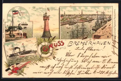 Lithographie Bremerhaven, Hafen, Leuchtturm, Dampfschiff Najade, Wappen
