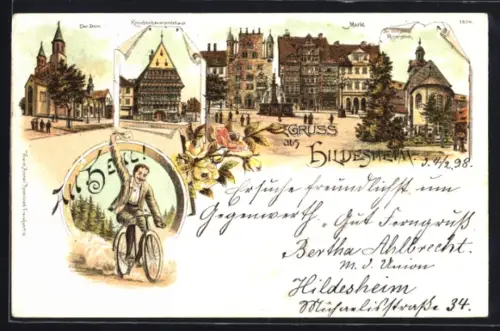 Lithographie Hildesheim, Dom, Knochenhaueramtshaus, Markt, Radfahrer